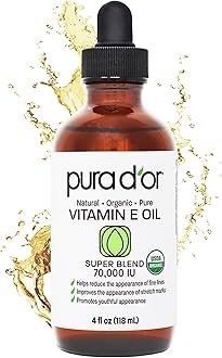 PURA D’OR 4 Oz Organic Vitamin E Oil 70,000 IU, USDA Certified Face, Body, Hair & Bath Oil with Argan, Jojoba, Rosehip, Apricot, Almond & Avocado, Lightweight Moisturizing Blend for Soft, Smooth Skin