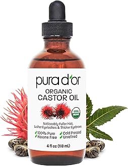 PURA D’OR 4 Oz Organic Castor Oil – Pure Cold-Pressed, Hexane-Free, USDA Certified – Lashes, Brows, Hair Relaxer, Scalp, Skin – Moisturizer Supporting Softness, Strength, Hydration, Shine & Radiance