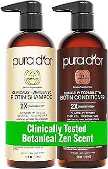 PURA D’OR Clinically Formulated Biotin Shampoo & Hair Regrowth Conditioner For Hair Thinning – 2X Concentrated Proprietary Thickening Blend For Women & Men, Sulfate Free, Botanical Zen Scent,16oz x2