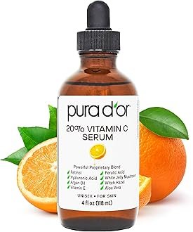 PURA D’OR 20% Vitamin C Facial Serum 4 Oz Antioxidant Blend w/Retinol, Hyaluronic Acid, Vitamin E, Ferulic Acid – Hydrating Lightweight Skincare Formula – Men Women Daily Use After Bath Oil Skin Care