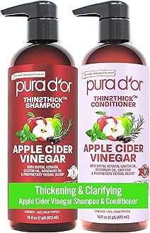 PURA D’OR Apple Cider Vinegar Thin2Thick Set Shampoo Conditioner for Regrowth, Hair Loss, Clarifying, Detox (2 x 16oz) Biotin, Keratin, Caffeine, Castor Oil, All Hair Type, Men/Women