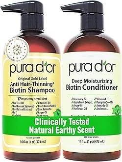 PURA D’OR Anti-Thinning Biotin Shampoo and Conditioner, CLINICALLY TESTED Effective Results, Herbal Blend Thickening Products For Women & Men, Original Gold Label Set, Natural Earthy Scent, 16oz x2 | Deep Moisturizing