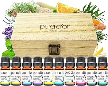 PURA D’OR Organic Perfect10 Essential Oils Set – 10x 10mL Wood Box Aromatherapy Gift Set – 100% Pure Therapeutic Grade for Relaxation and Wellness (Lavender, Peppermint, Eucalyptus, Tea Tree & More)