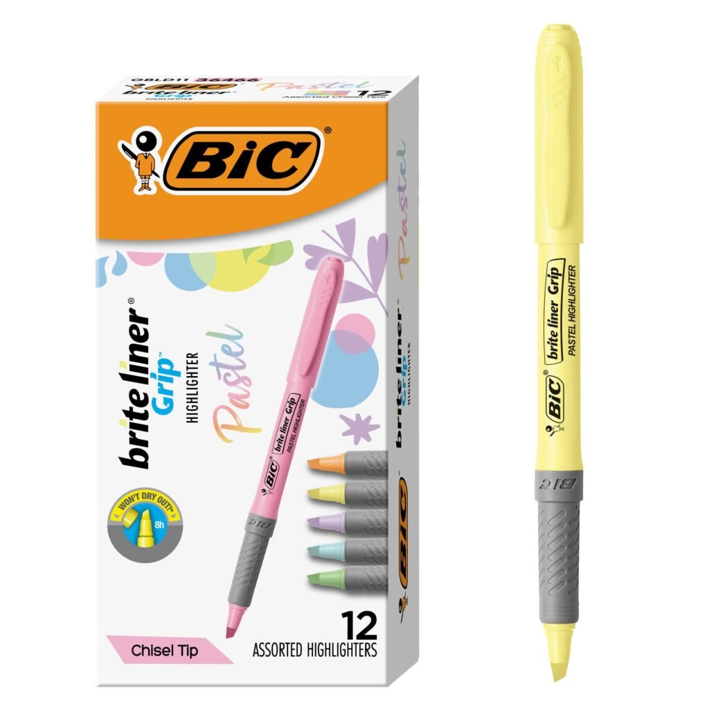 BIC Brite Liner Grip Pastel Highlighter Set, Chisel Tip, 12-Count Pack of Pastel Highlighters