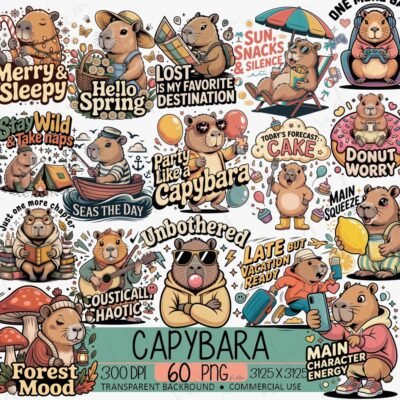 Capybara PNG Bundle, Retro Clipart Pack, Cozy Animal Sublimation Designs (60 PNG)