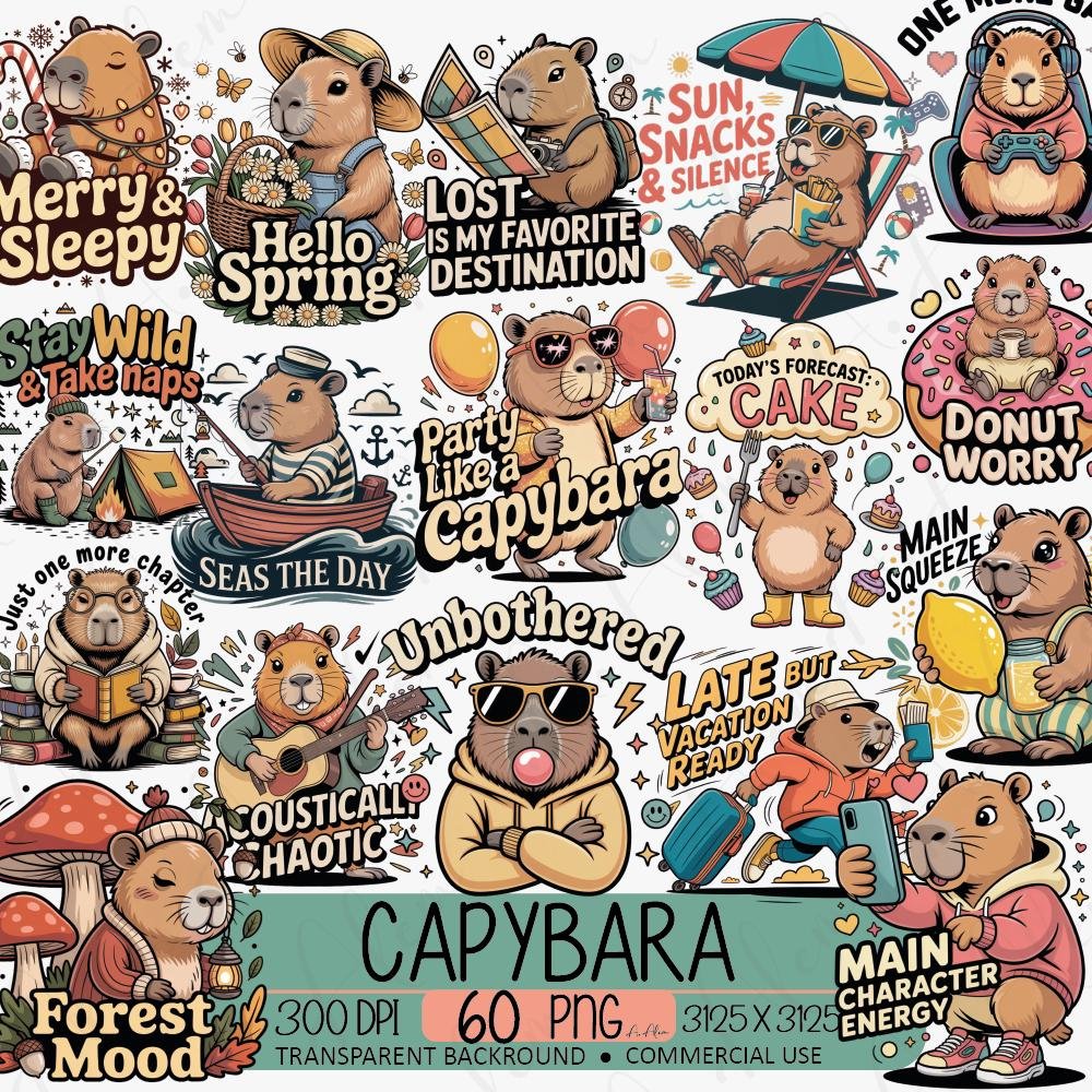 Capybara PNG Bundle, Retro Clipart Pack, Cozy Animal Sublimation Designs (60 PNG)