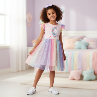 Pink Unicorn Mesh Print Dress