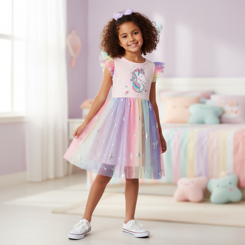 Pink Unicorn Mesh Print Dress