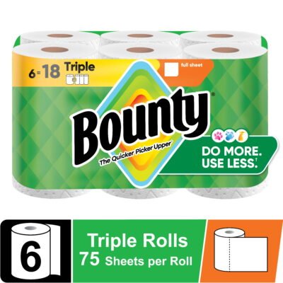 Bounty Paper Towels Full Sheet White, 6 Triple Rolls, 75 Sheets per Roll