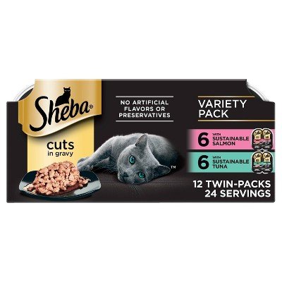 Sheba Perfect Portions Grain-Free Gourmet Salmon, Sustainable Tuna & Delicate Whitefish & Tuna Cuts in Gravy Variety Pack Adult Wet Cat Food Trays, 2.6-oz, case of 24