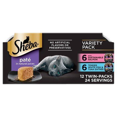 Sheba Perfect Portions Roasted Chicken, Gourmet Salmon & Tender Turkey Cuts in Gravy Variety Pack Grain-Free Adult Wet Cat Food Trays, 2.6-oz, case of 24