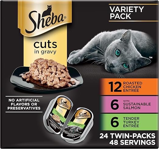 Sheba Selections Filets in Broth Chicken with Tuna & Chicken with Shrimp Variety Pack Grain-Free Cat Meal Complement, 1.3-oz tray, case of 24