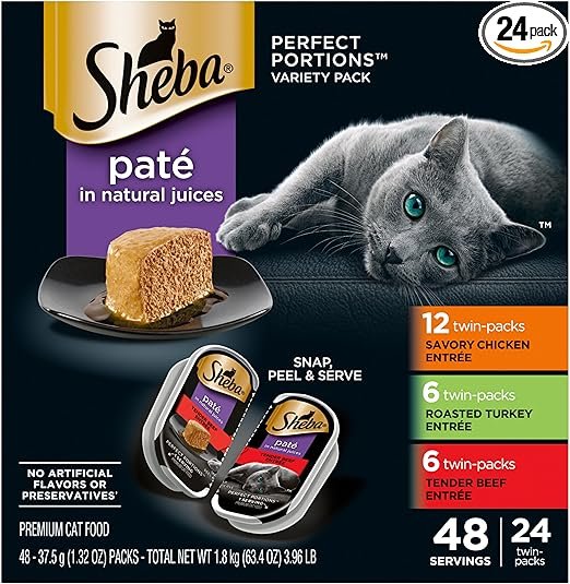 Sheba Perfect Portions Grain-Free Savory Chicken, Roasted Turkey & Tender Beef Pate Variety Pack Adult Wet Cat Food Trays, 2.6-oz tray, case of 24